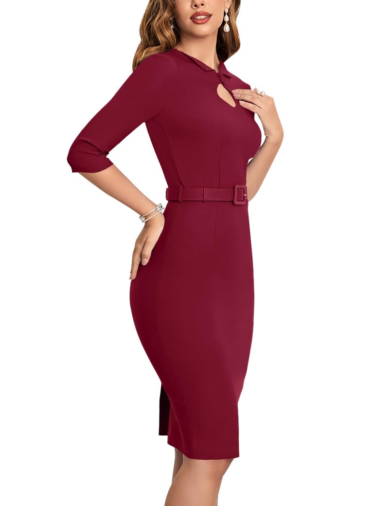 MUXXN Women's Charming Pleated Flared Neckline Stretch Fitted Graduation Dress (Burgundy XXL) - Image 3